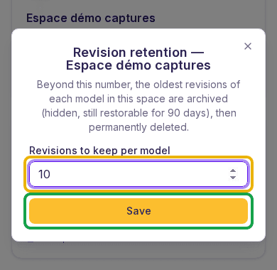 Revision retention dialog open: the Revisions to keep per model field (outlined in yellow) holds 10, the Save button is outlined in green