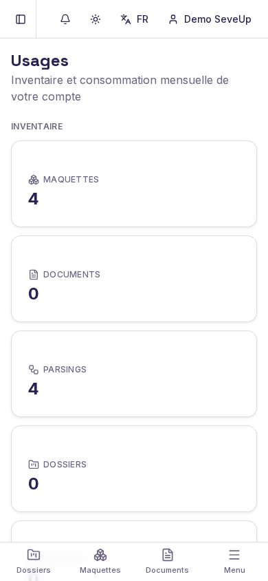 Écran Usages de SeveUp App avec l'inventaire et la consommation mensuelle