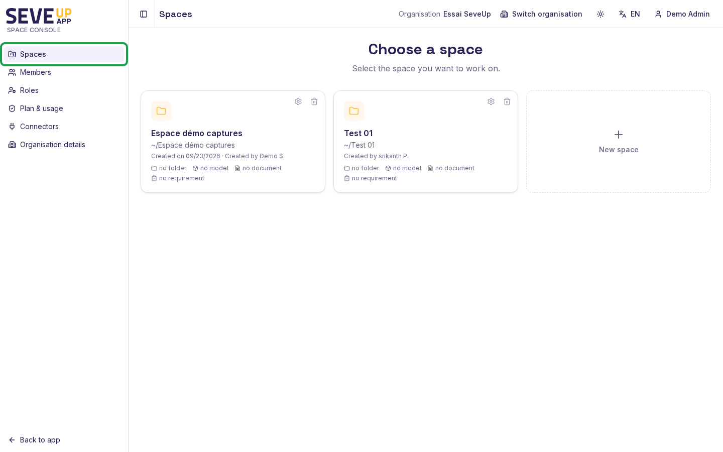 SeveUp App Spaces page, Spaces menu outlined in the sidebar, with one space in the list