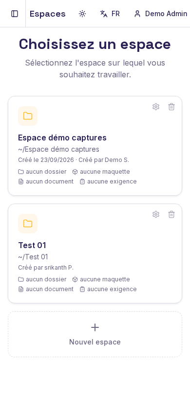 Page Espaces de SeveUp App, menu Espaces encadré dans la barre latérale, avec un espace dans la liste