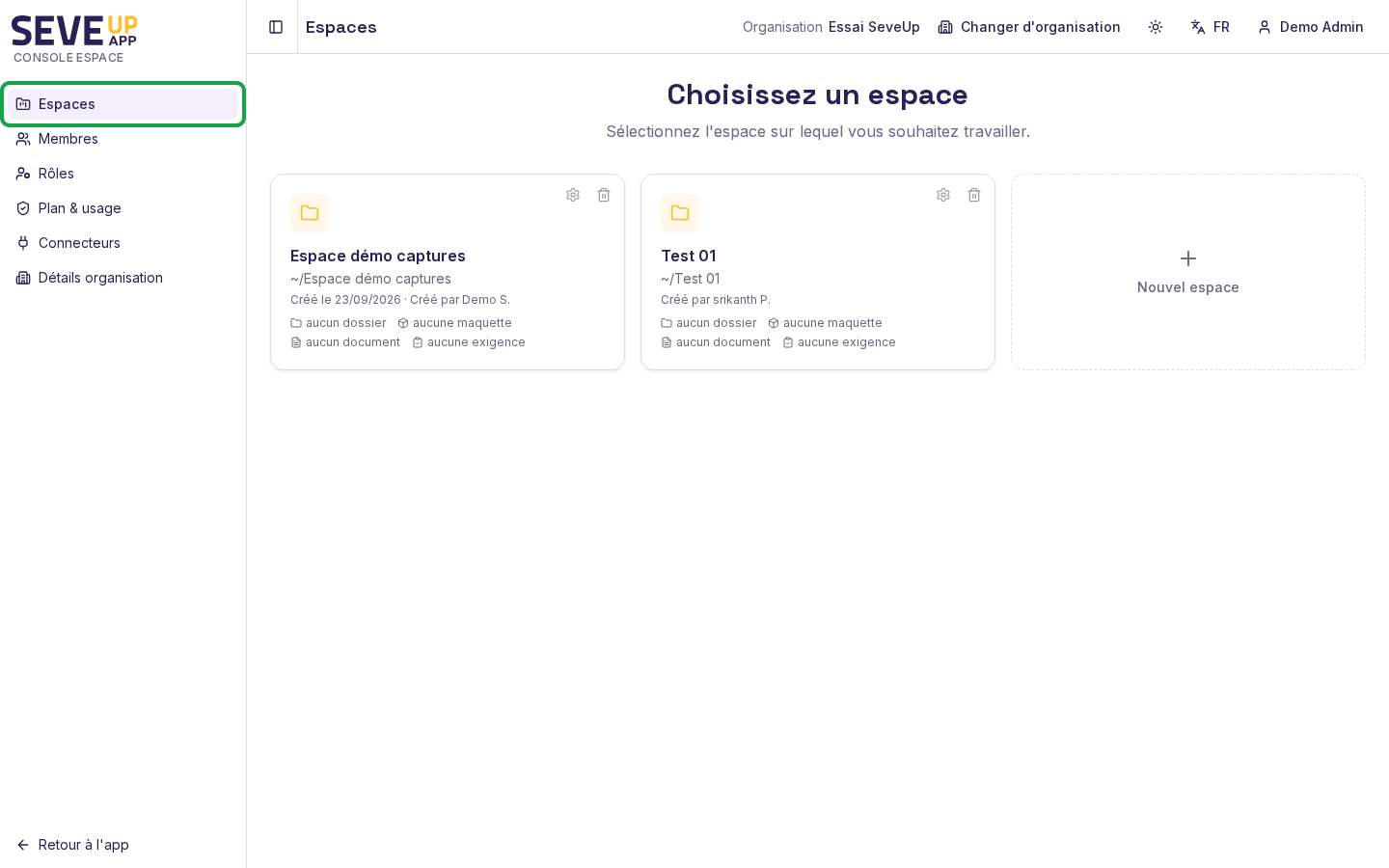 Page Espaces de SeveUp App, menu Espaces encadré dans la barre latérale, avec un espace dans la liste